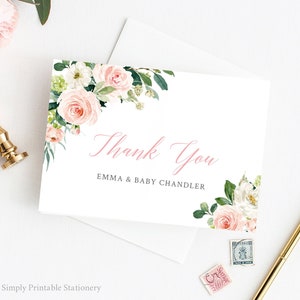 Blush Floral bearbeitbare Dankeschön-Karte, druckbare rosa grün floral Dankeschön-Kartenvorlage, Baby-Dusche-Dankeschön, Sofortiger Download, 016-W