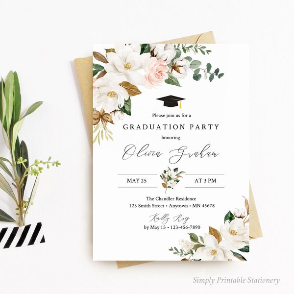 Invitación editable para fiesta de graduación con diseño floral de magnolia, plantilla de invitación imprimible, invitación para fiesta de graduación sureña, descarga instantánea 037-W