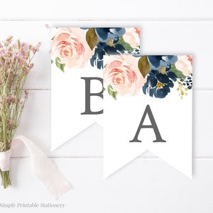 Navy Pink Floral Editable Bunting, Blush Floral DIY Banner Template, Boho Custom Banner, Printable Bunting Garland, Instant Download 041-W