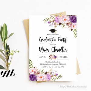 Invitación a fiesta de graduación editable con diseño floral morado, plantilla de invitación imprimible, invitación a fiesta de graduación boho lila, descarga instantánea, 030-W