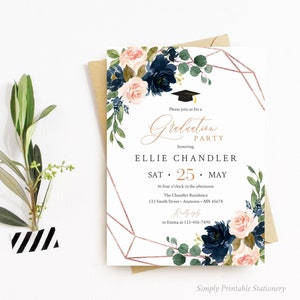 Rose Gold Navy Blush Geometric Editable Graduation Party Invitation, Floral Printable Invite Template, Graduation, Instant Download, 018-W