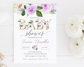 Lilac Editable Baby Shower Invitation, Printable Purple Floral Invite Template, Lavender Baby Shower Invite, Girl, Instant Download, 017-W