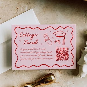 Insertion rose de fonds d'université de griffonnage avec le code QR, modèle de carte de pièce jointe de don de fonds d'université dessiné à la main, idée de cadeau de remise des diplômes, modifiable 055-B