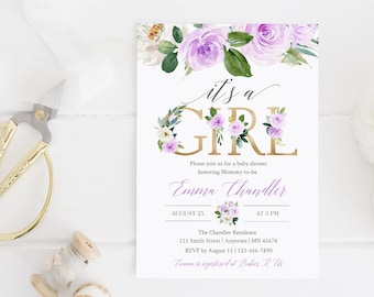 It's a Girl Editable Baby Shower Invitation, Printable Lilac Floral Invite Template, Lavender Baby Shower Invite, Instant Download, 017-W