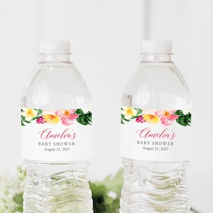 Étiquettes de bouteilles d’eau personnalisées modifiables florales tropicales, modèle d’étiquettes de bouteilles DIY Hibiscus rose, étiquette imprimable, téléchargement instantané 048-W