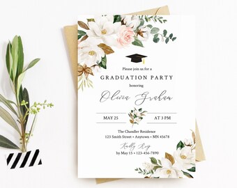 Magnolia Floral Editable Graduation Party Invitation, Printable Invite Template, Southern Graduation Party Invite, Instant Download 037-W