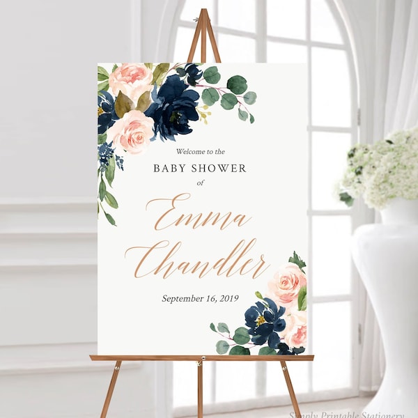 Navy Blush Rose Gold Editable Welcome Sign, Floral Baby Shower Sign Template, Printable Unlimited Custom Signs, 3 sizes, Download, 041-W