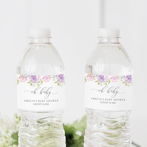 Etiquetas de botellas de agua personalizadas editables florales lilas, plantilla de etiquetas de botellas de agua diy púrpura, etiqueta imprimible, descarga instantánea, 021-W