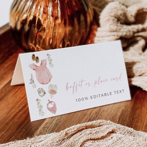 Carte de tente de nourriture pour vêtements de bébé bohème, étiquettes de buffet de corde à linge, étiquette de nourriture de baby shower, décoration de buffet de corde à linge fille, modèle modifiable 081-A