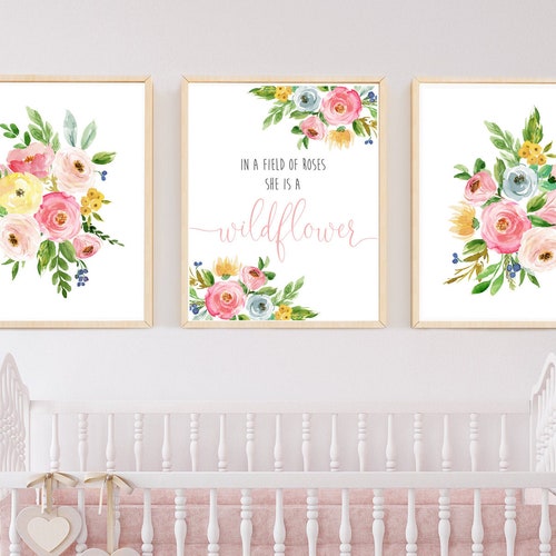 She is a Wildflower Floral Printable Nursery Art Pink Green | Etsy