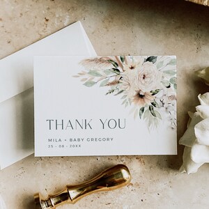 Boho Gracias Tarjeta Sage Green, Baby Shower Gracias, Pampas Grass Gracias Niño, Género Neutral, Plantilla de tarjeta de agradecimiento editable, 027-W