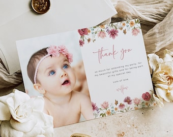Wildflower Thank You Card with Photo, Printable Thank You Card Template, Photo Thank You Card Girl Floral Thank You Note Card Editable 023-W