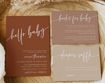 Boho Baby Shower Invitation Set, Terracotta Baby Shower Bundle, Hello Baby Invite, Diaper Raffle Book Insert, Gender Neutral, Editable 001-T