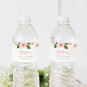 Étiquettes de bouteille d'eau personnalisées modifiables florales d'or rose, modèle d'étiquettes de bouteille d'eau de bricolage vert, étiquette imprimable, téléchargement immédiat, 009-W