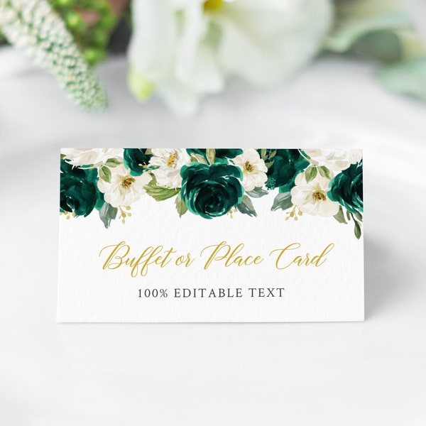 Editable Emerald Gold Floral Buffet Labels, Green Gold Buffet Label Template, Quince Food Tent Card Quinceañera Decor Instant Download 065-W