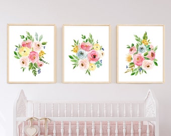 Pink Green Yellow Floral Printable Nursery Art, Boho Girls Nursery Decor, Pink Floral Wall Art, Nursery Art, Set of 3 Instant Download 629-A