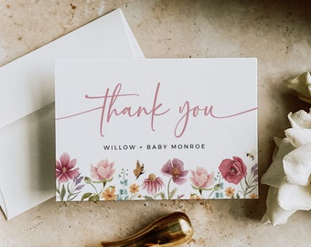 Wildflower Thank You Card, Girl Baby Shower Thank You, Meadow Flower Thank You, Floral Thank You, Printable Thanks, Editable Template, 023-W