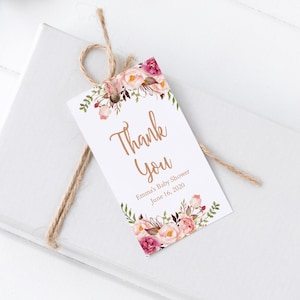 Rose Gold Floral bearbeitbare Tag, Blush Boho Favor Tag Vorlage, Mädchen Baby Shower Tag, personalisierte druckbare Tag, Rosa Sofort Download 025-RG