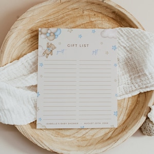 Blue We Can Bearly Wait Gift List Template, Teddy Bear Baby Shower Gift List Sheet Boy Baby Shower Gift Tracker, Printable Gift List, 044-B