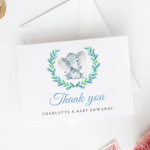Cartão de agradecimento editável do elefante azul, modelo de cartão de agradecimento azul verde para impressão, agradecimento personalizado para bebê menino, batismo, download instantâneo 054-B