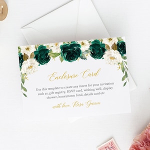 Cartão de cerco editável floral em ouro esmeralda, inserção de convite de marmelo, modelo de inserção Mis Quince XV 15, para impressão, download instantâneo, 065-W