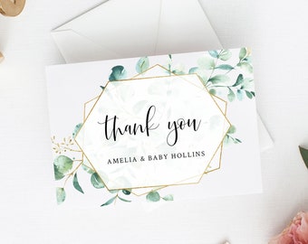 Eucalyptus Gold Geometric Editable Thank You Card, Printable Greenery Thank You Card Template, Custom Baby Thanks, Instant Download, 022-W