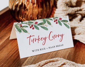 Editable Christmas Buffet Labels, Printable Food Cards, Red Green Gold Tent Card Template, Holiday Name Place Card, Instant Download 202-A
