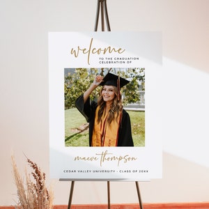 Gold Graduation Welcome Sign, Photo Graduation Sign, Graduation Poster, Graduation Decor, Modern Graduation Sign Template, Editable, 001-W