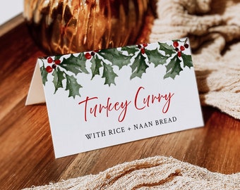 Editable Holly Christmas Buffet Labels, Printable Food Cards, Holly Tent Card Template, Holiday Name Place Card, Instant Download 203-A