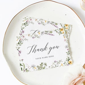 Cartão de agradecimento editável de flores silvestres, modelo de cartão de agradecimento de flores silvestres para impressão, agradecimentos personalizados para bebês, download instantâneo, 064-W