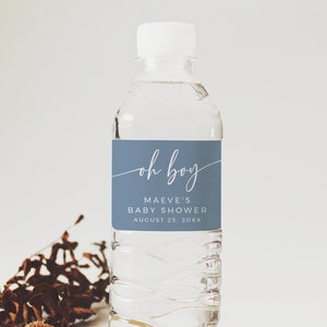 Jongen waterfles etiketten, stoffige blauwe waterfles stickers, minimale jongen baby shower wateretiketten, bewerkbare sjabloon, afdrukbare etiketten, 001-B