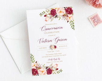 Burgundy Blush Gold Floral Quinceanera Birthday Editable Invitation, Printable Mis Quince Invite Template, Boho 15 XV Instant Download 015-W