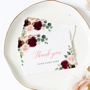 Biglietto di ringraziamento floreale modificabile bordeaux, modello di biglietto di ringraziamento floreale verde rosa stampabile, ragazza di ringraziamento, download istantaneo, 024-W