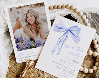 Blue Bow Graduation Party Invitation with a Photo, Girl Bow Grad Party Invite Template, Printable Graduation Announcement, Editable, 053-B