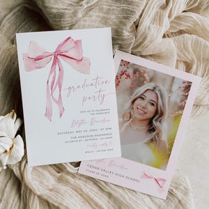 Pink Bow Graduation Party Invitation with a Photo, Blush Bow Grad Party Invite Template, Printable Graduation Announcement, Editable, 053-A