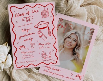 Pink Doodle Graduation Invite Template, Hand Drawn Graduation Party Invitation, Senior Graduation Announcement with Photo, Editable 055-B