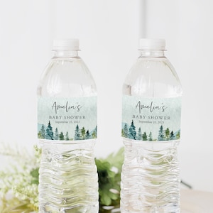 Mountains Editable Personalised Water Bottle Labels, Woodland DIY Baby Shower Labels Template, Printable label, Instant Download, 049-W