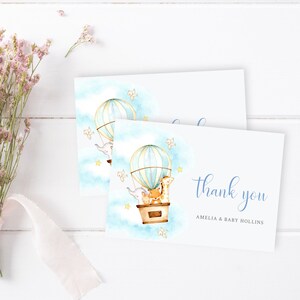 Hete luchtballon bewerkbare Bedankkaart, afdrukbare olifant Giraffe dank u kaartsjabloon, aangepaste Baby Boy Bedankt, Instant Download 050-B