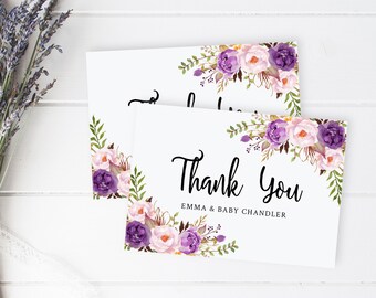 Purple Lavender Floral Editable Thank You Card, Printable Lilac Boho Thank You Card Template, Custom Baby Girl Thanks Instant Download 030-W