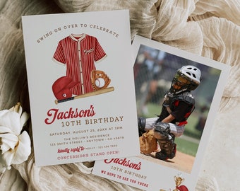 Convite de aniversário com tema de beisebol, convite de aniversário para menino, convite de aniversário de beisebol para imprimir com foto, modelo editável para festa de aniversário com tema de beisebol 075-R