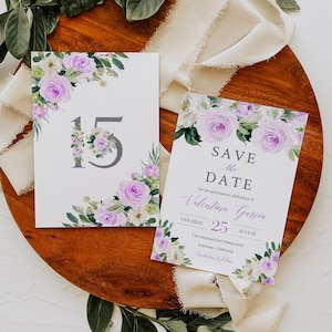 Lila Quinceañera Guardar la Fecha, Lavanda Floral Mis Quince Guardar la Tarjeta Fecha, Quince Guardar la Fecha Lila, 15 XV, Plantilla Editable, 017-W