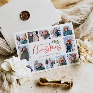 May include: A white Christmas card featuring family photos and the words "Merry Christmas". An envelope with a gold wax seal and a gold stamp are next to the card. A white flower and a gold stamp are also in the image.