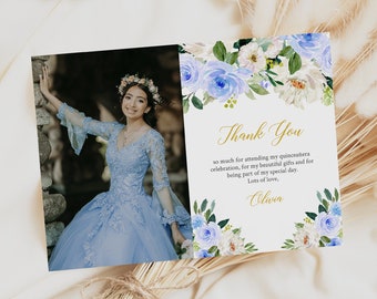 Blue White Gold Editable Photo Quinceañera Thank You Card, Printable Pale Blue Mis Quince Thank You Template, Roses, Instant Download, 006-W