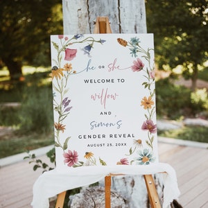 Wildflower Gender Reveal Welcome Sign, He or She Welcome Sign, Boho Gender Reveal Welcome Poster, Welcome Board Editable Sign Template 023-W