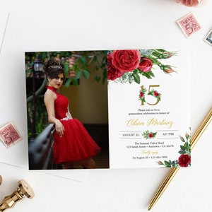 Red Rose Editable Photo Quinceanera Invitation, Printable Red Gold Floral Mis Quince XV Invite Template, Rose Ferns, Instant Download, 058-W