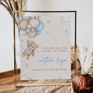 Blue Bear with Balloons Sign, We Can Bearly Wait Baby Shower Custom Sign Boy, Teddy Bear Table Top Signage Birthday, Editable Template 044-B