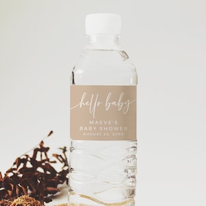 Étiquettes de bouteille d'eau taupe, autocollants de bouteille d'eau neutre, étiquettes d'eau de douche de bébé garçon minimal, modèle modifiable, étiquettes imprimables, 001-N