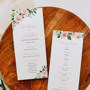 Blush Floral Quinceañera Program, Quinceañera Order of Events, Printable Quince Timeline, Mis 15 Años Program, Pink, Editable Template 016-W