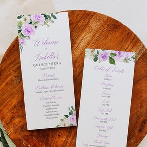 Programa de Quinceañera Lila, Orden de Eventos de Quinceañera, Cronología de Quince Imprimible, Plantilla de Programa Editable Mis 15 Años, Lavanda, 017-W