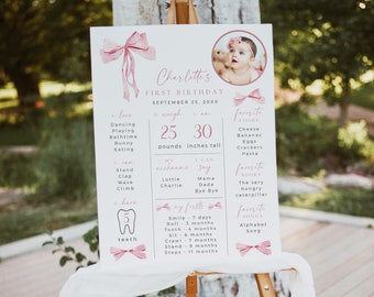 Pink Bow First Birthday Milestone Sign Template, Ribbon 1st Birthday Milestone Poster 1st Birthday Milestone Board Photo, Editable, 053-A